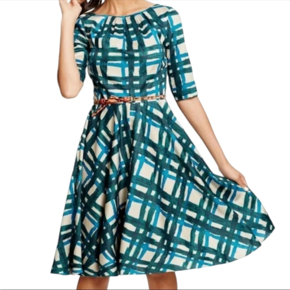 6L Boden Amy Plaid Fit And Flare Midi Dress Womens Green Retro Lined 100% Cotton